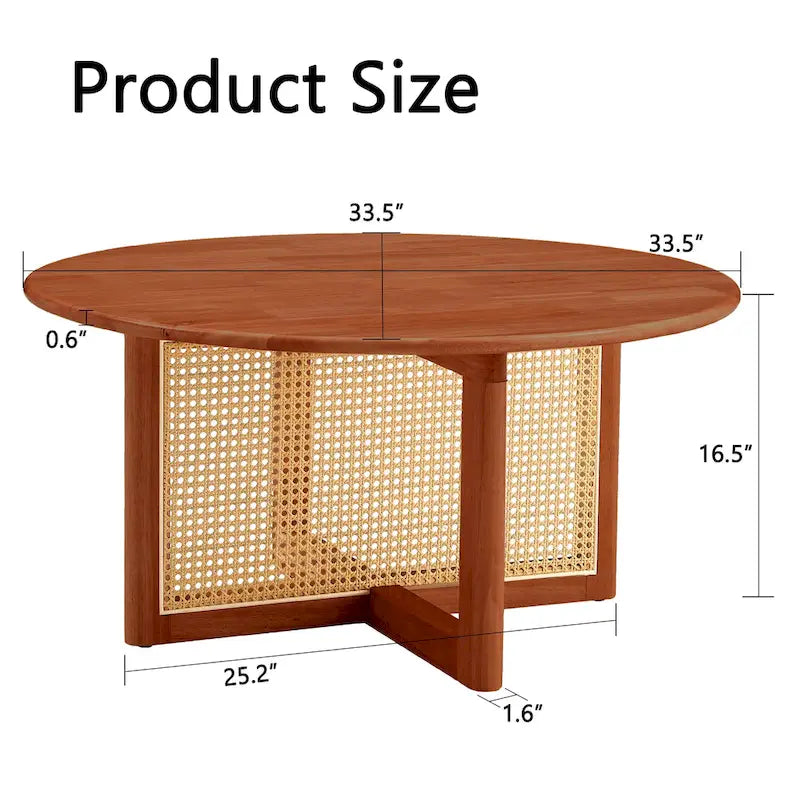 wooden coffee table with faux rattan accents