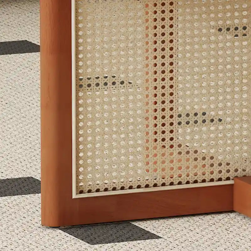 wooden coffee table with faux rattan accents