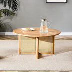 wooden coffee table with faux rattan accents