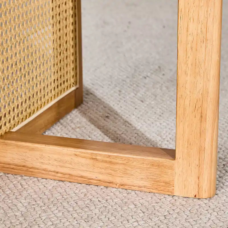 wooden coffee table with faux rattan accents