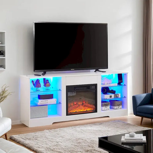 58W Fireplace TV Stand with 18 Fireplace, LED Light, USB Outlet - 58W*15.5D*24.4H