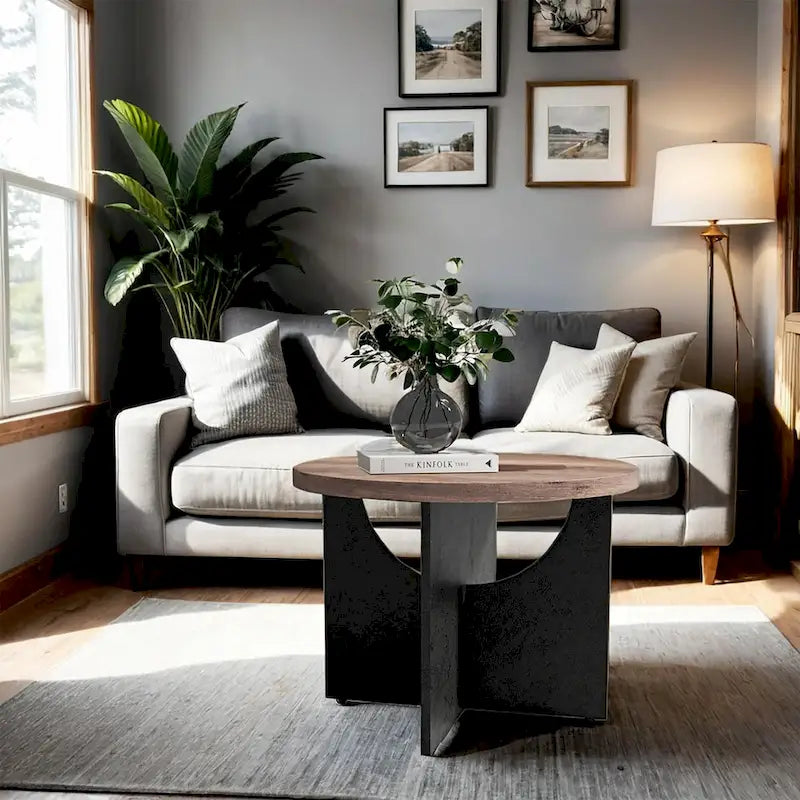 Round Coffee Table Rustic Wood End Table for Living Room