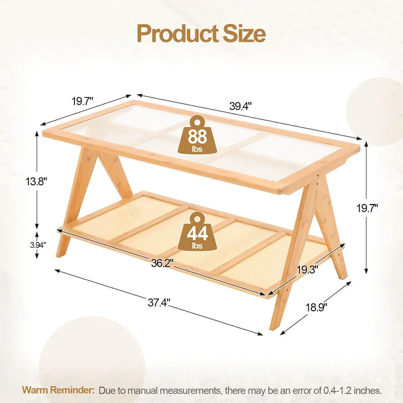 2-Tier Rectangular Coffee Table, Glass Top Sofa Table - 39.4L x 19.7W x 19.7D