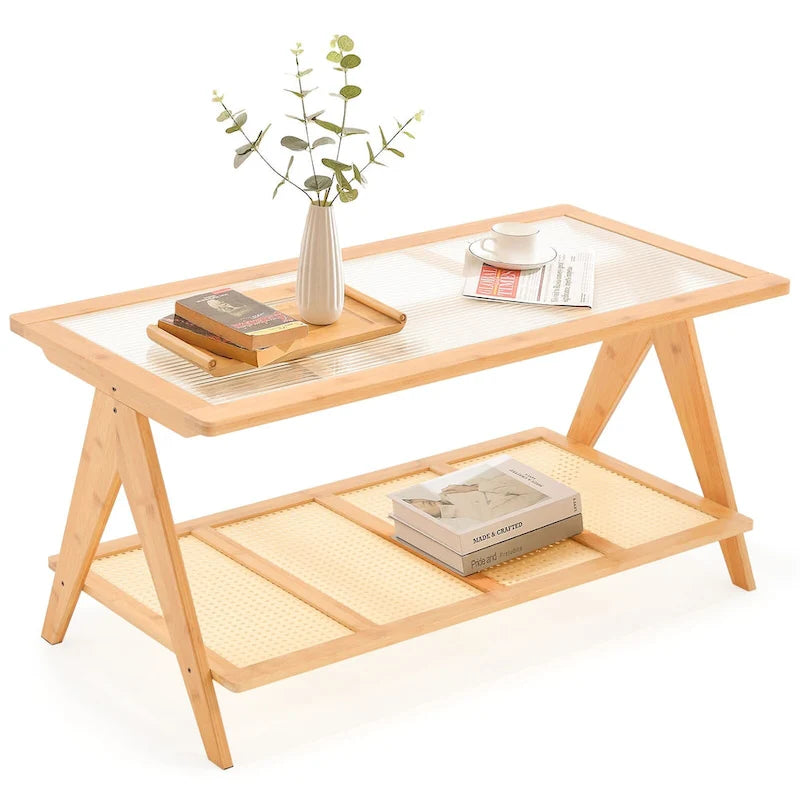 2-Tier Rectangular Coffee Table, Glass Top Sofa Table - 39.4L x 19.7W x 19.7D