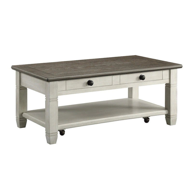 Rome 48 Inch Cocktail Coffee Table, 2 Drawers, White and Brown, Solid Wood