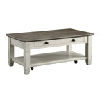 Rome 48 Inch Cocktail Coffee Table, 2 Drawers, White and Brown, Solid Wood