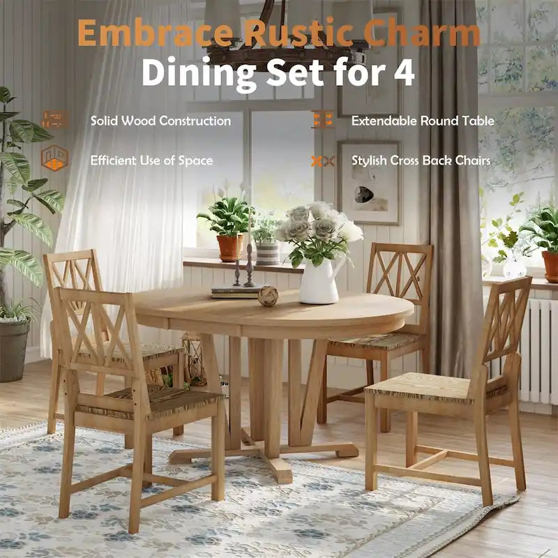 Extendable Dining Table Set Round Trestle Table and 4 Dining Chairs