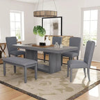 Contemporary 6-Piece Extendable Wood Dining Table Set Kitchen Table Set with Upholstered Bench and 4 Dining Chairs