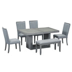Contemporary 6-Piece Extendable Wood Dining Table Set Kitchen Table Set with Upholstered Bench and 4 Dining Chairs