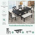 Farmhouse 6-Piece Extendable Dining Table Set with 11 Leaves, Acacia Wood Construction, Black Table, Beige Cushion, Seats 6