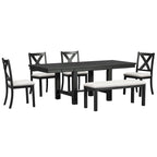 Farmhouse 6-Piece Extendable Dining Table Set with 11 Leaves, Acacia Wood Construction, Black Table, Beige Cushion, Seats 6