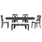Farmhouse 6-Piece Extendable Dining Table Set with 11 Leaves, Acacia Wood Construction, Black Table, Beige Cushion, Seats 6