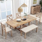 Farmhouse 6-Piece Extendable Dining Table Set with 11 Leaves, Acacia Wood Construction, Black Table, Beige Cushion, Seats 6