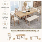 Farmhouse 6-Piece Extendable Dining Table Set with 11 Leaves, Acacia Wood Construction, Black Table, Beige Cushion, Seats 6