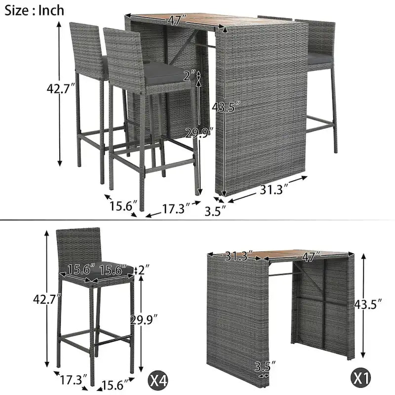 Dining Set,5-pieces,Outdoor Wicker Set,Acacia Wood,Brown And Gray