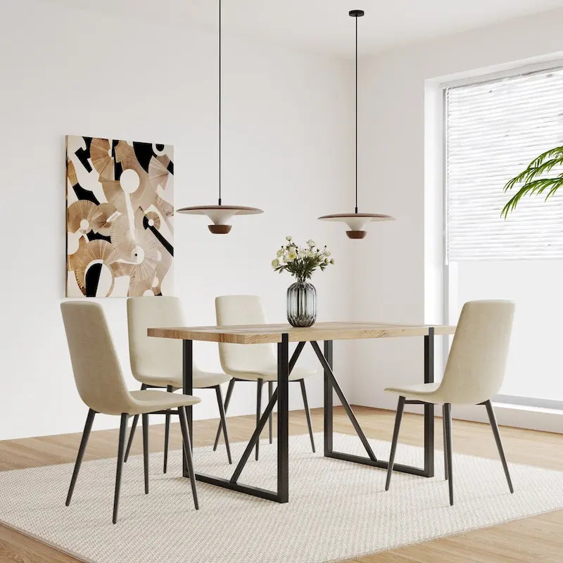 MDF Wood Colour Dining Table and Modern Dining Chairs Set of 4, Mid Century Wooden Kitchen Table Set, Metal Base & Legs