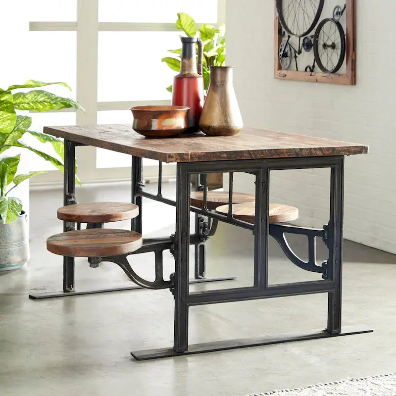 Teak Wood Dining Table with Attached Seats - Brown - Roche River Decor
