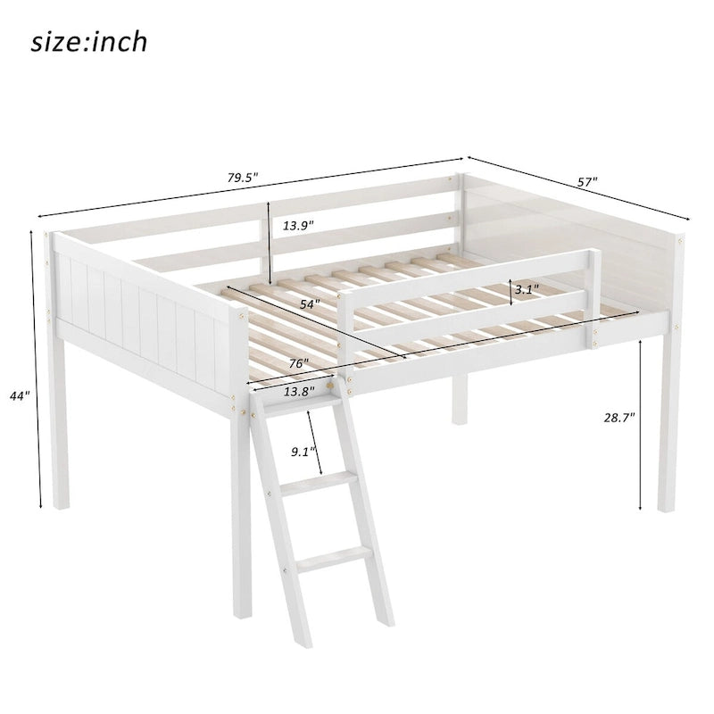 Full Size Wood Low Loft Bed with Ladder, ladder can be placed on the left or right