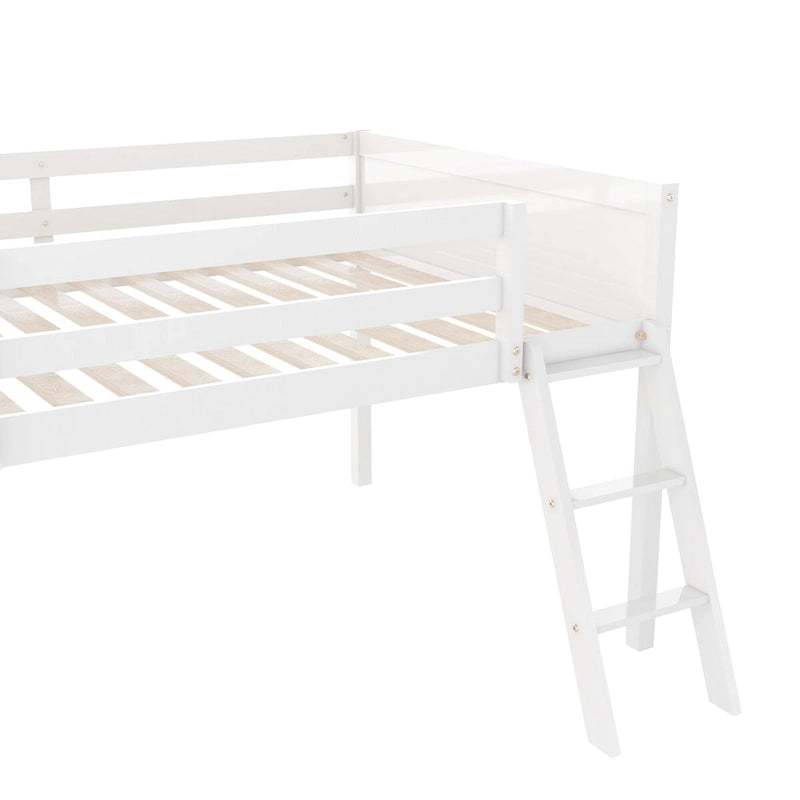 Full Size Wood Low Loft Bed with Ladder, ladder can be placed on the left or right
