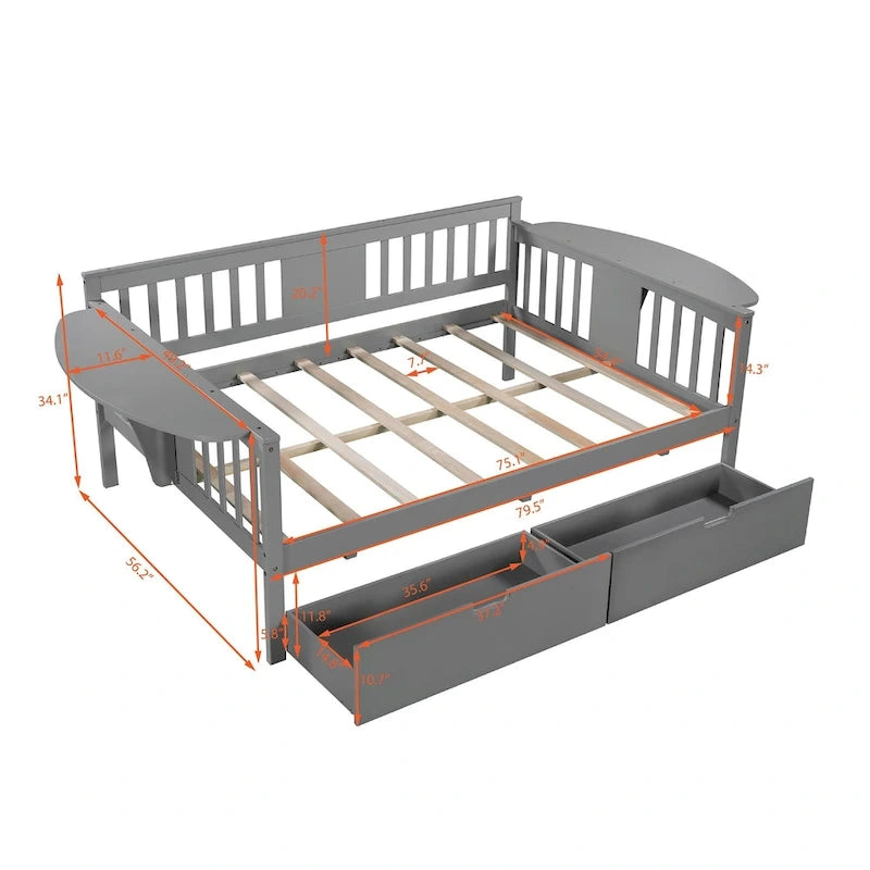 Full-size Daybed Sofa Bed with Two Drawers, Handrails, and Wood Slat Support