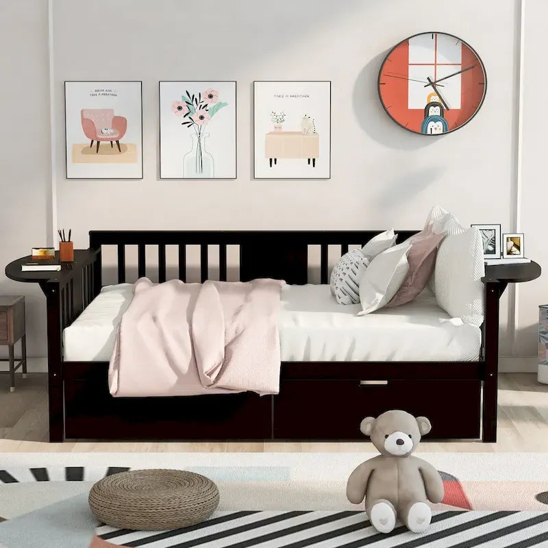 Full-size Daybed Sofa Bed with Two Drawers, Handrails, and Wood Slat Support