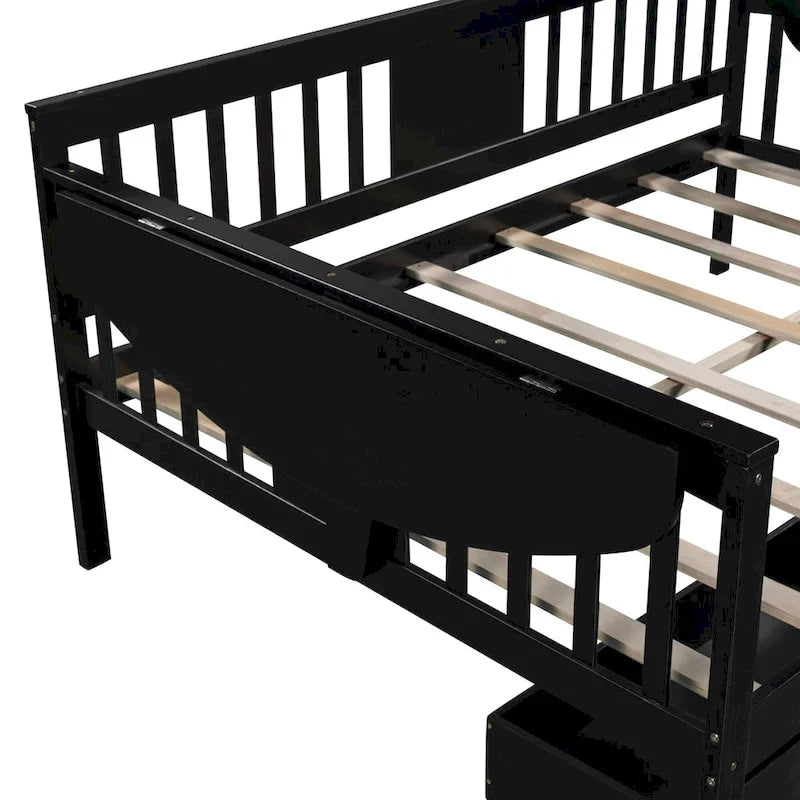 Full-size Daybed Sofa Bed with Two Drawers, Handrails, and Wood Slat Support
