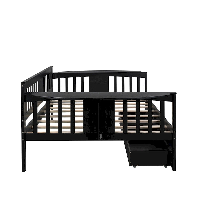 Full-size Daybed Sofa Bed with Two Drawers, Handrails, and Wood Slat Support
