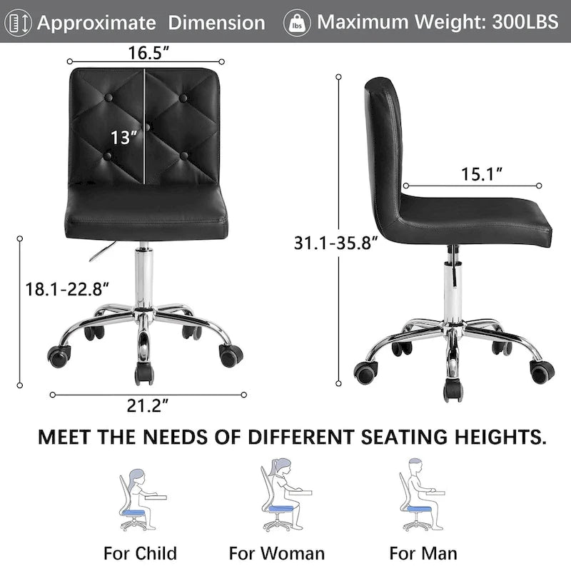 Javlergo Armless Office Desk Chair, PU Leather Mid-Back Adjustable Height 360 Rolling Swivel for Home Office Work