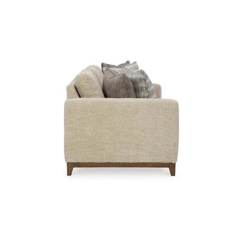 Klyn 93 Inch Sofa, 4 Accent Pillows, Faux Wood Feet, Beige Polyester