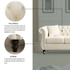 Beige Velvet Chesterfield 3 Seater Sofa, Rolled Arms, Nailhead Trim