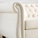 Beige Velvet Chesterfield 3 Seater Sofa, Rolled Arms, Nailhead Trim
