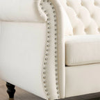Beige Velvet Chesterfield 3 Seater Sofa, Rolled Arms, Nailhead Trim