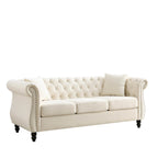 Beige Velvet Chesterfield 3 Seater Sofa, Rolled Arms, Nailhead Trim