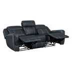Louise 86 Inch Dual Manual Recliner Blue Faux Leather Sofa, Drop Down Table