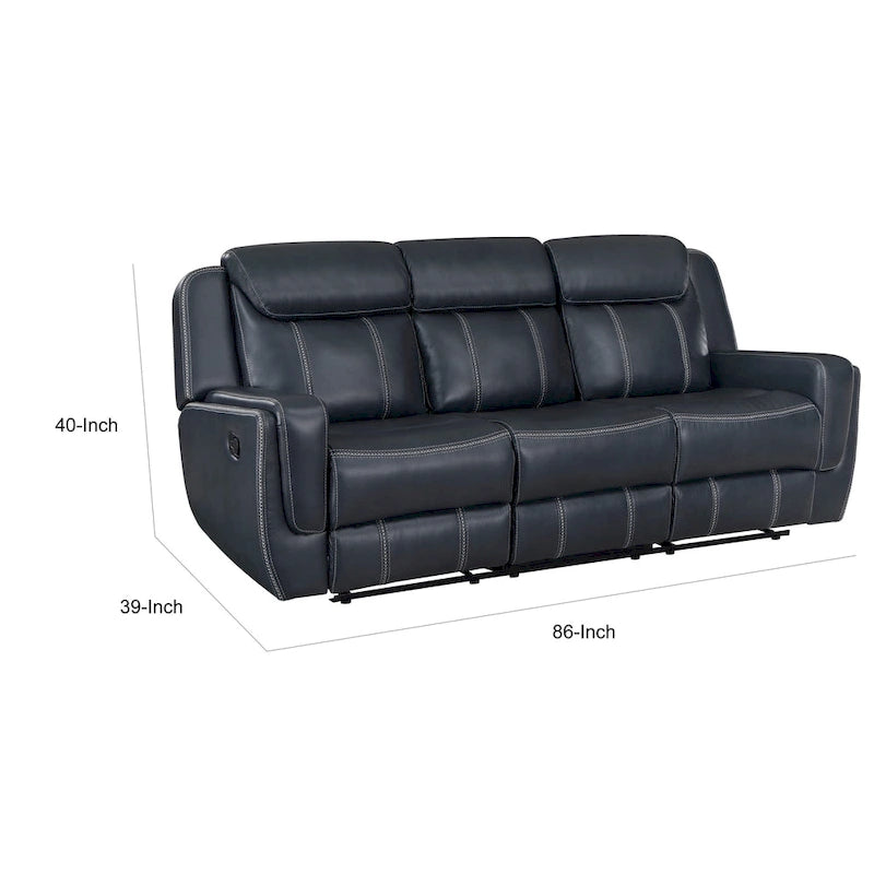 Louise 86 Inch Dual Manual Recliner Blue Faux Leather Sofa, Drop Down Table