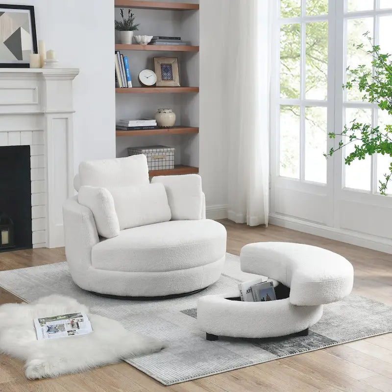 39W Oversized Swivel Chair,moon storage ottoman,Loveseat Circle Swivel Barrel Chairs Cuddle Sofa Lounger Armchair,4 Pillows