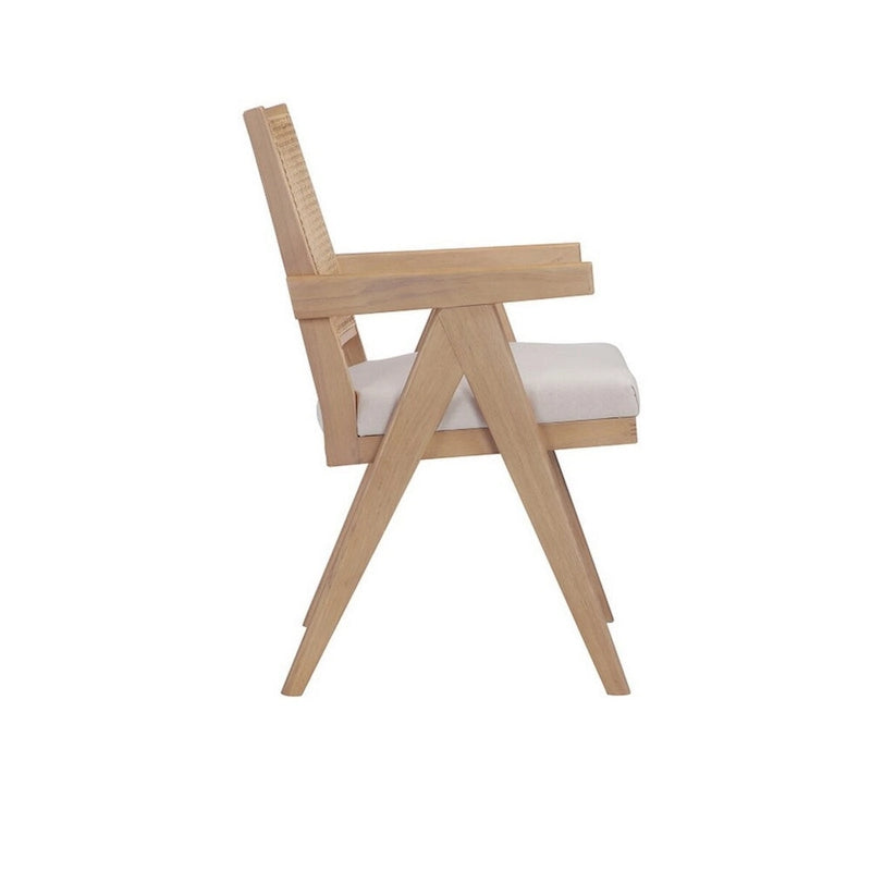 Isha 24 Inch Armchair with Cane Back, Off White Velvet, Brown Wood Frame