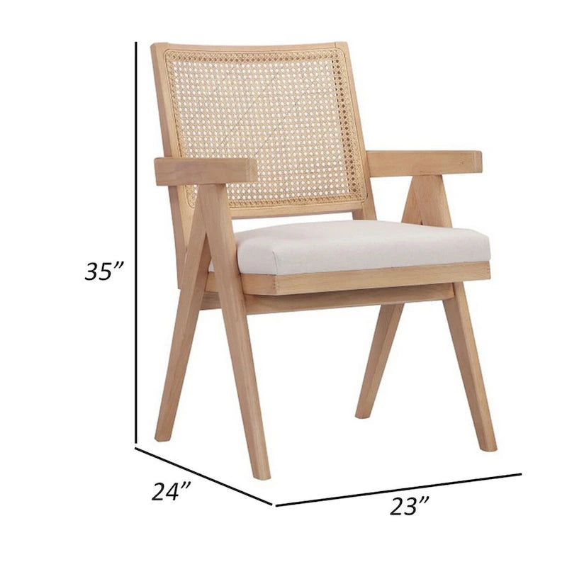 Isha 24 Inch Armchair with Cane Back, Off White Velvet, Brown Wood Frame