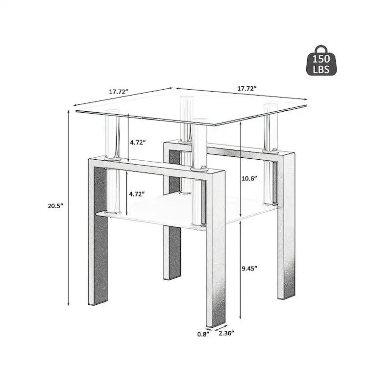 Modern Tempered Glass Tea Table Coffee Table End Table Square Table - 17.72L x 17.72 W x 20.5 H,