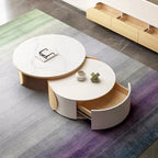 Modern Round Coffee table, Stone Table-top, Natural Wood - 50 x 31.5