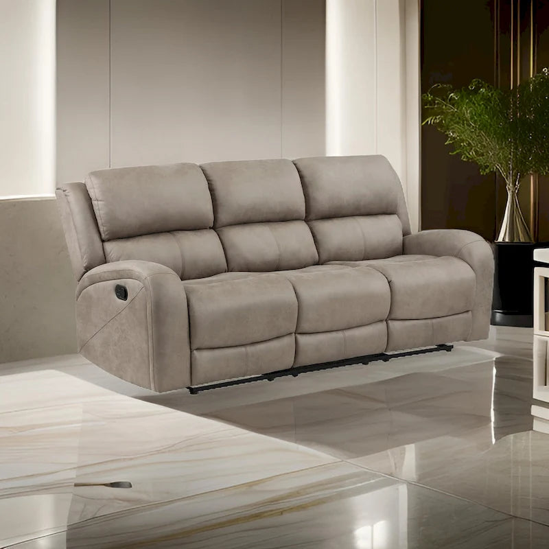 Patsy 85 Inch Manual Double Recliner Sofa, Brown Tufted Back Microfiber