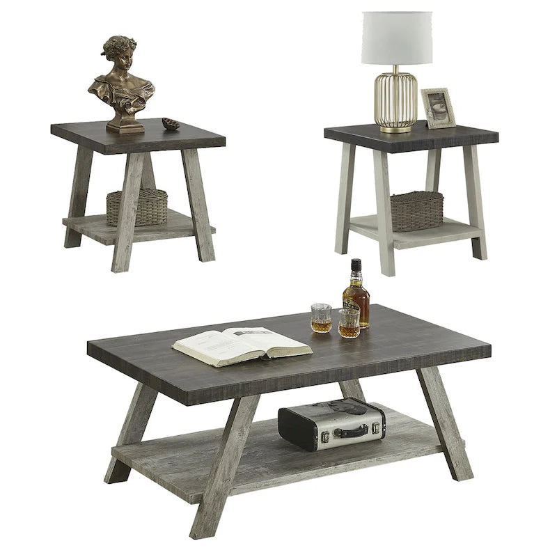Contemporary 3-Piece Wood Shelf Coffee Table Set