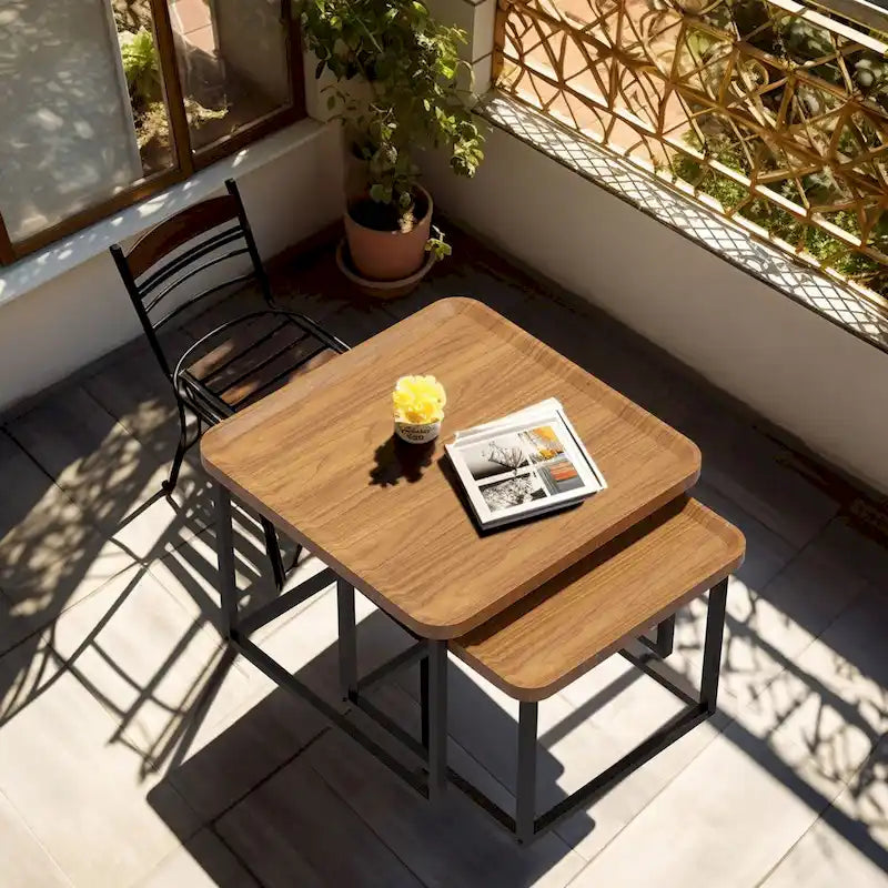 Square Nesting Coffee Table Set of 2 Wood Metal Stacking Side Table - 22x22x18