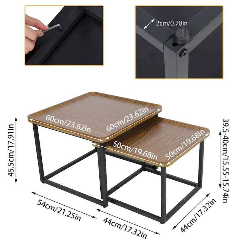 Square Nesting Coffee Table Set of 2 Wood Metal Stacking Side Table - 22x22x18