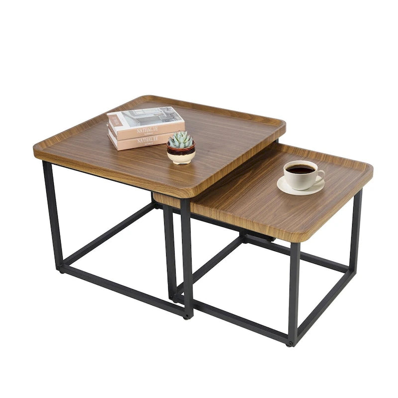 Square Nesting Coffee Table Set of 2 Wood Metal Stacking Side Table - 22x22x18
