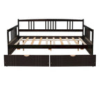 Full Size Wood Daybed, Sofa Bed, Equipped with Wooden Handrails and Two Drawers