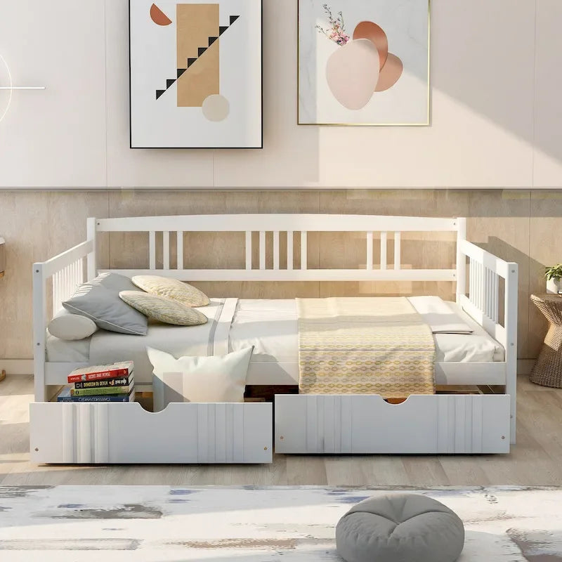 Full Size Wood Daybed, Sofa Bed, Equipped with Wooden Handrails and Two Drawers