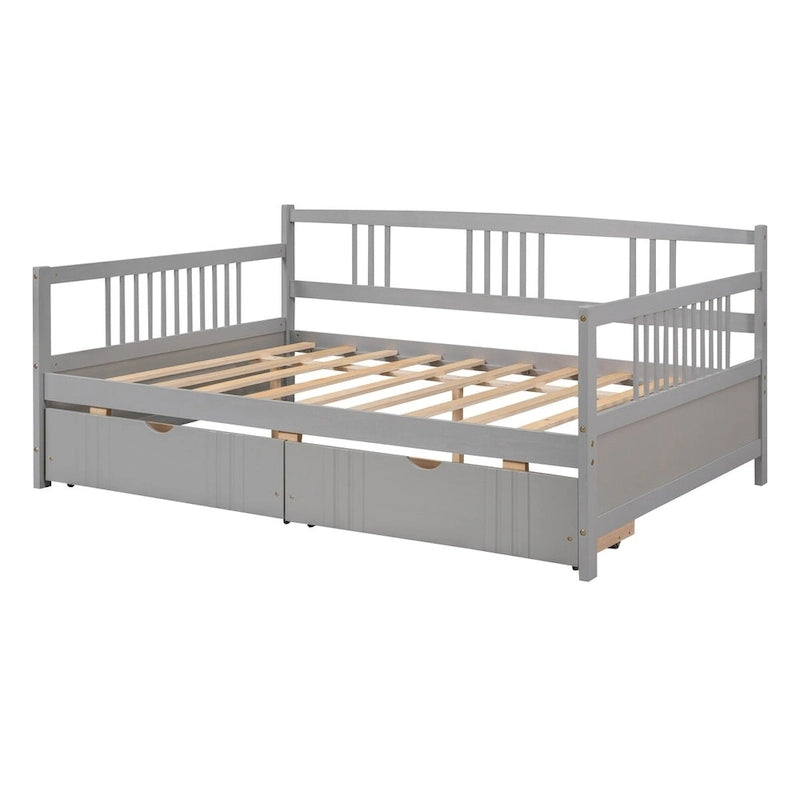 Full Size Wood Daybed, Sofa Bed, Equipped with Wooden Handrails and Two Drawers