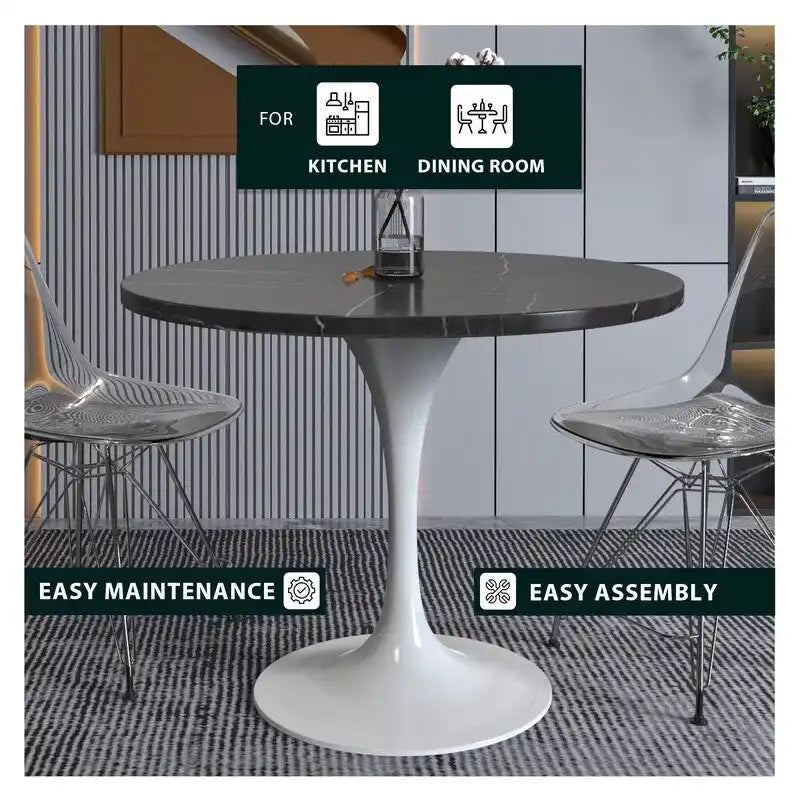 Verve Dining Table with a 36 Round Tabletop in White Steel Pedestal