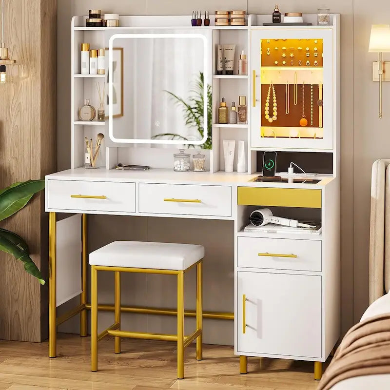 Makeup Vanity Set with Hidden Storage Space and Jewelry Cabinet